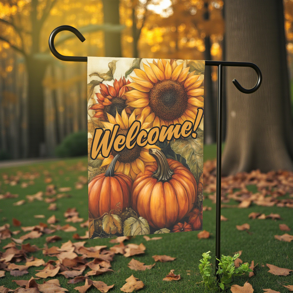 Sunflowers and Pumpkins Welcome Garden Flag - size comparison - Dragonfire Gardens