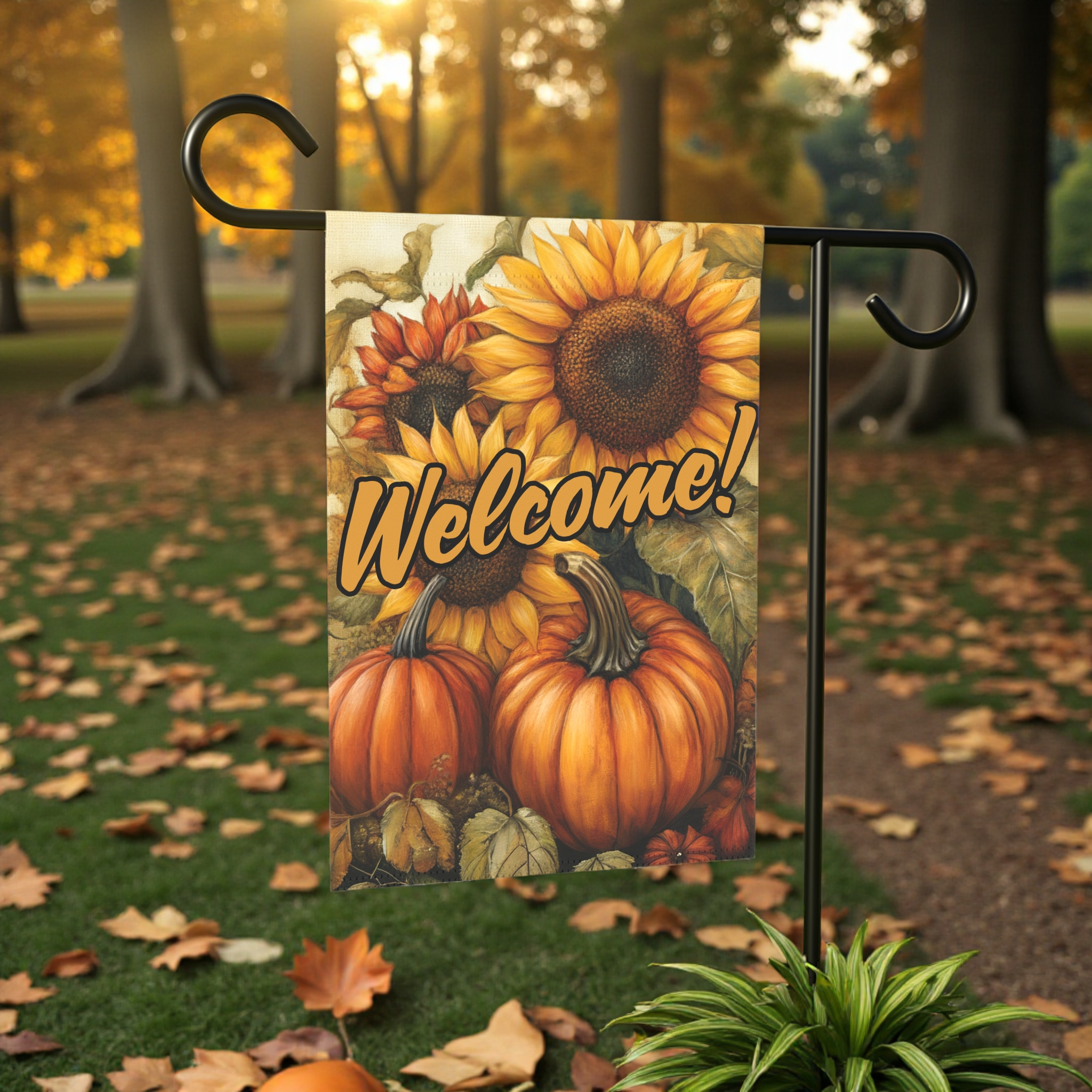 Sunflowers and Pumpkins Welcome Garden Flag - product detail - Dragonfire Gardens