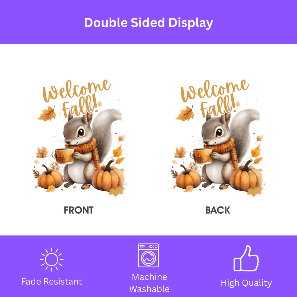 Welcome Fall Squirrel Garden Flag - double-sided design - Dragonfire Gardens