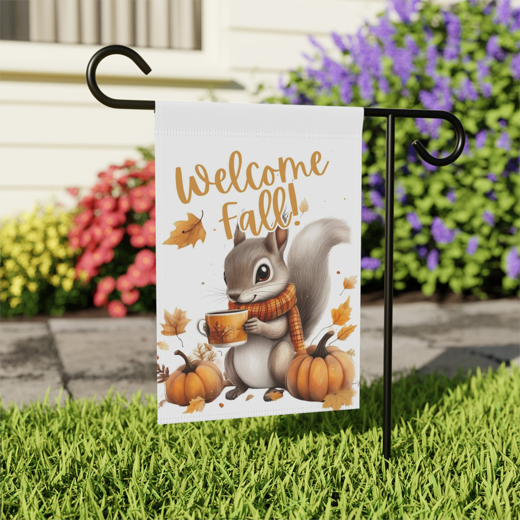 Welcome Fall Squirrel Garden Flag - outdoor display - Dragonfire Gardens