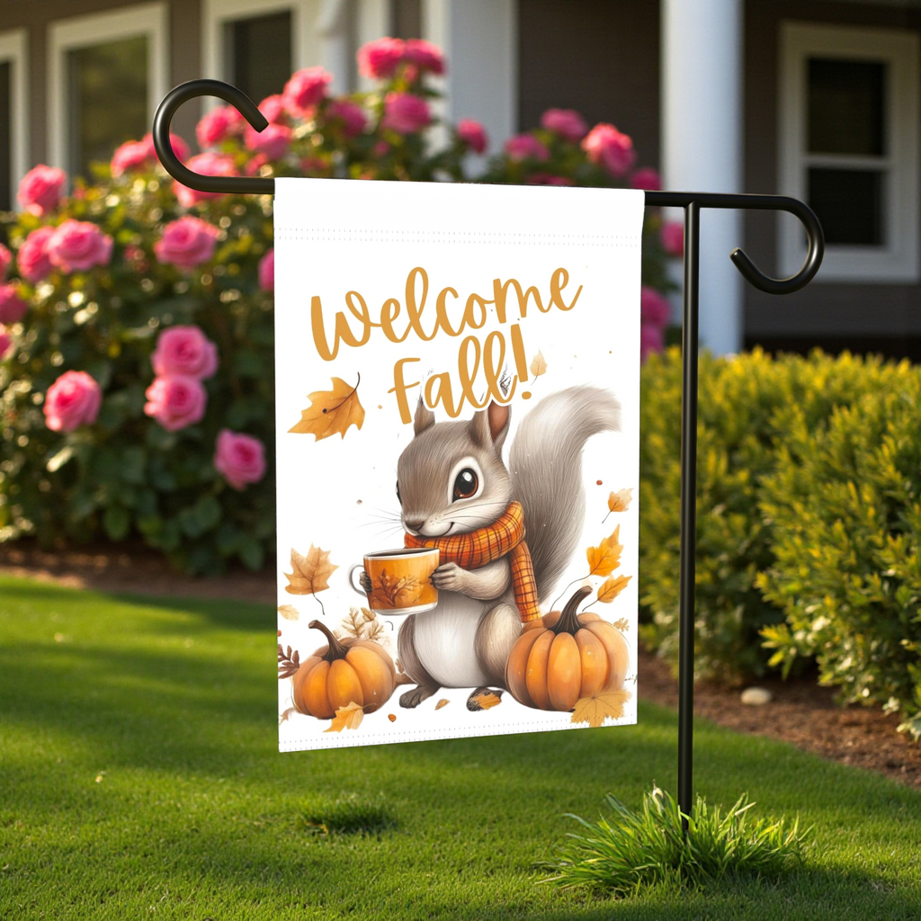 Welcome Fall Squirrel Garden Flag - front view - Dragonfire Gardens
