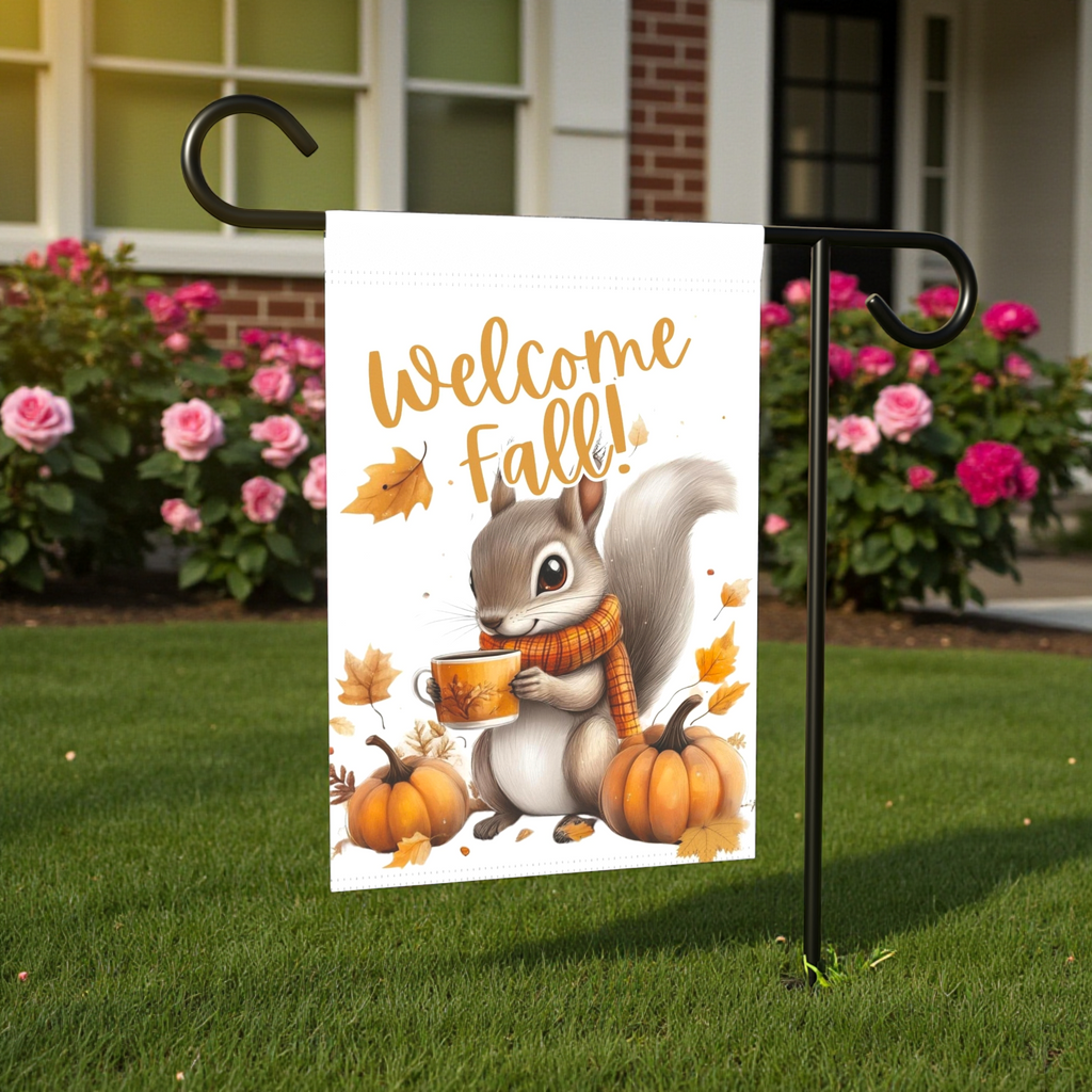 Welcome Fall Squirrel Garden Flag - size comparison - Dragonfire Gardens