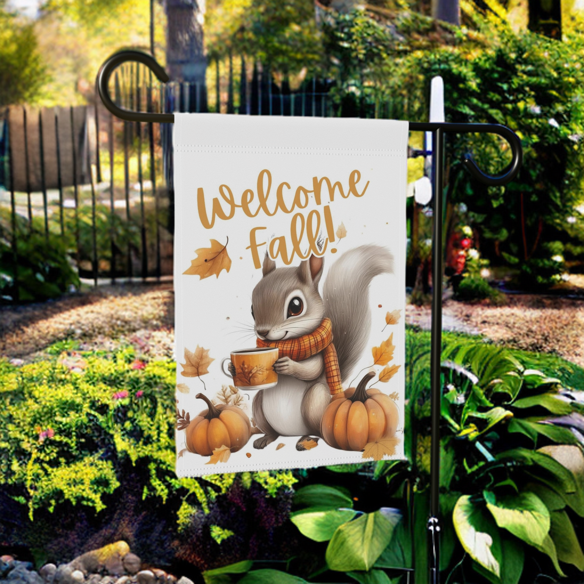 Welcome Fall Squirrel Garden Flag - lifestyle display - Dragonfire Gardens
