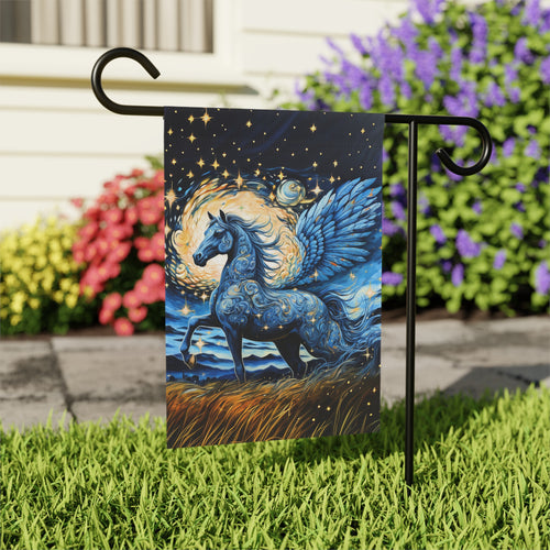 Blue Pegasus Garden Flag - outdoor display - Dragonfire Gardens
