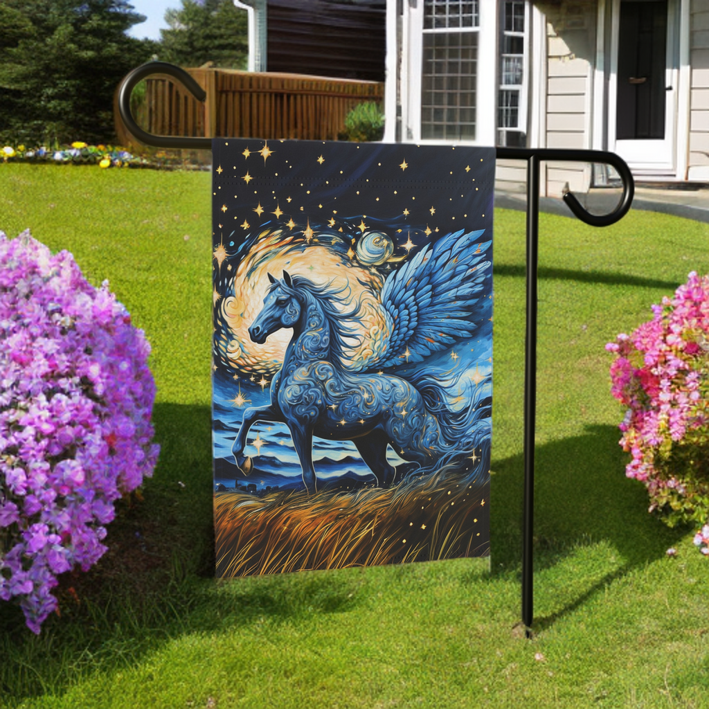 Blue Pegasus Garden Flag - lifestyle display - Dragonfire Gardens