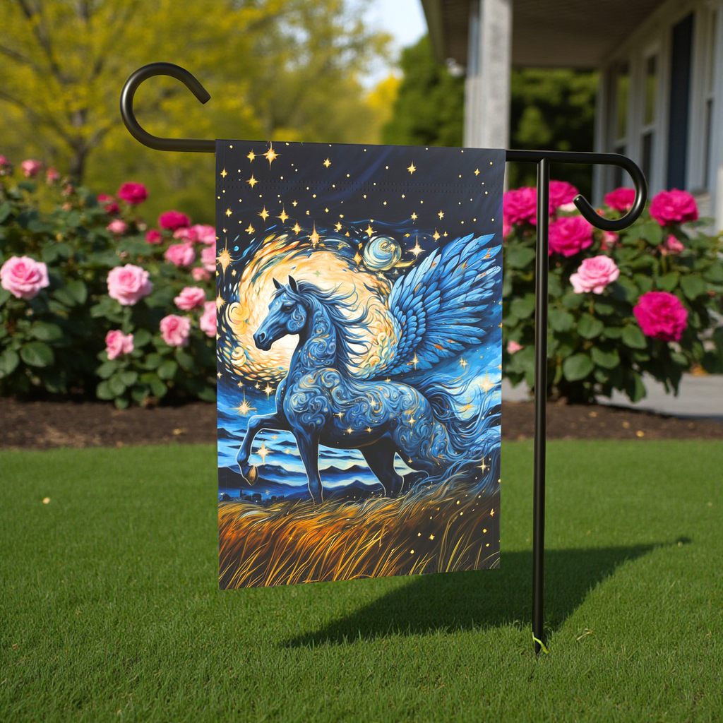 Blue Pegasus Garden Flag - size comparison - Dragonfire Gardens