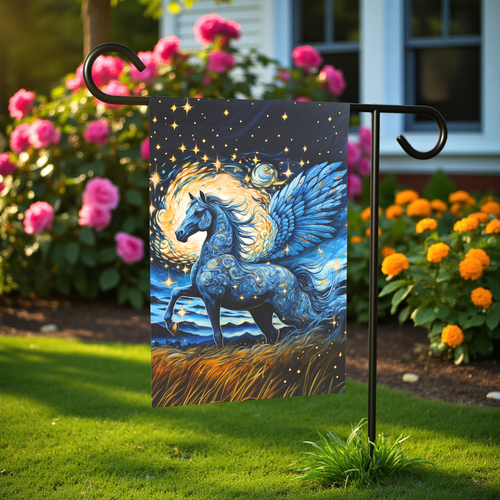 Blue Pegasus Garden Flag - front view - Dragonfire Gardens