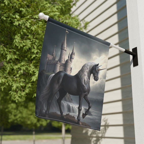 Black Unicorn Garden Flag - outdoor display - Dragonfire Gardens