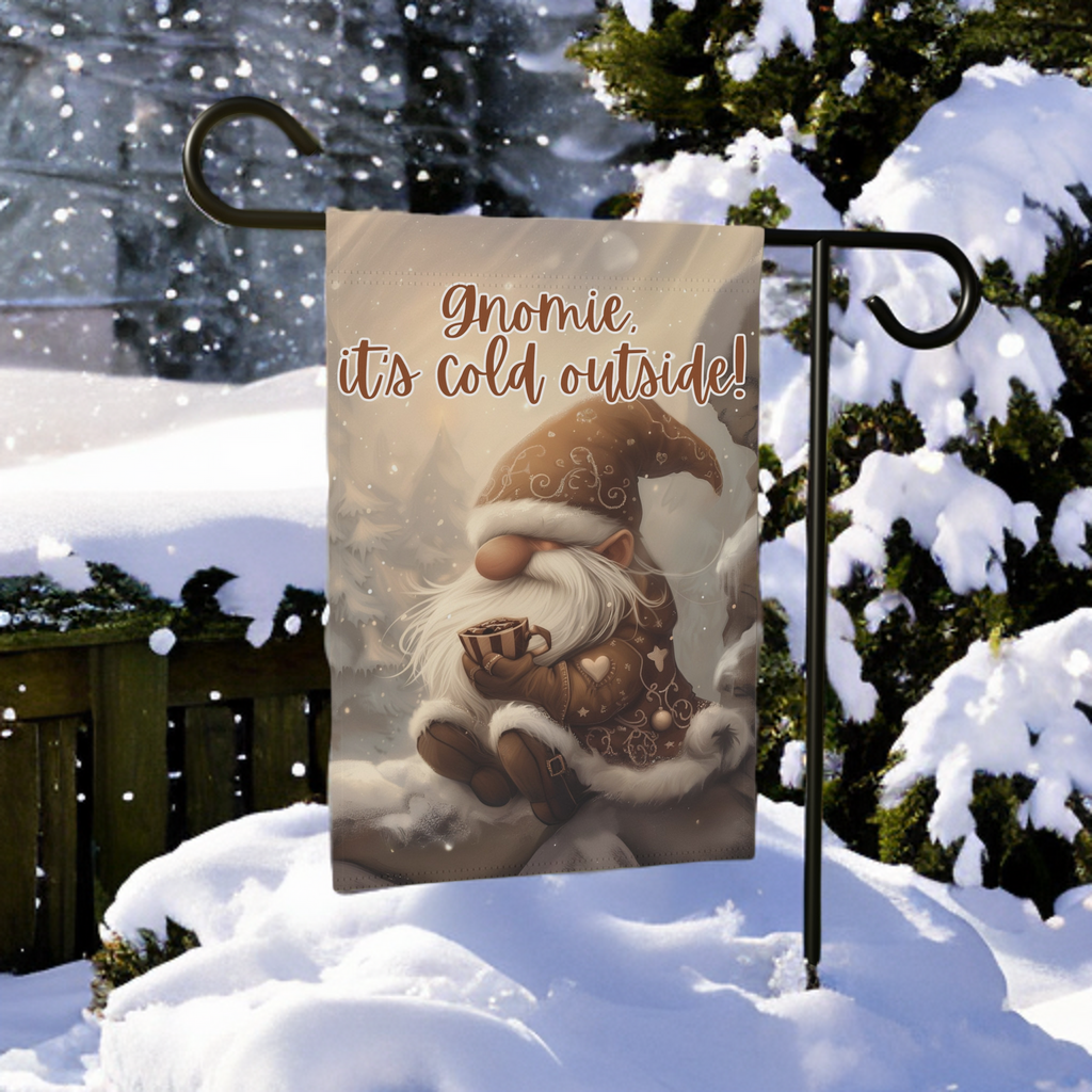 Gnomie It's Cold Outside Garden Flag - size comparison - Dragonfire Gardens