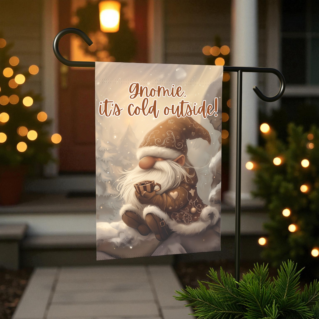 Gnomie It's Cold Outside Garden Flag - front view - Dragonfire Gardens
