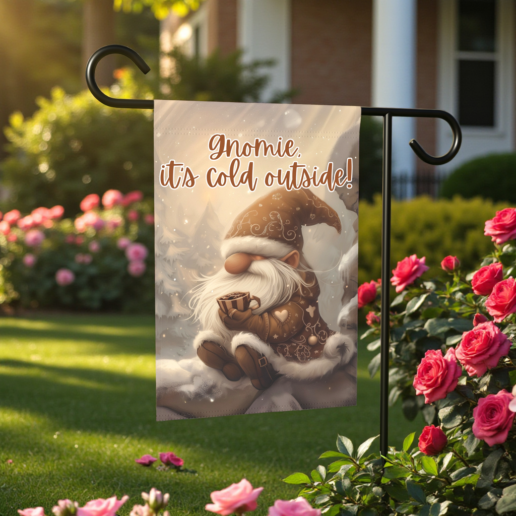 Gnomie It's Cold Outside Garden Flag - product detail - Dragonfire Gardens