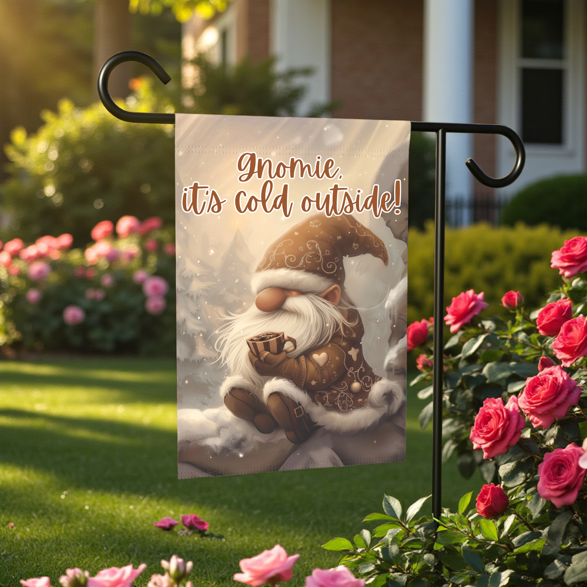 Gnomie It's Cold Outside Garden Flag - product detail - Dragonfire Gardens