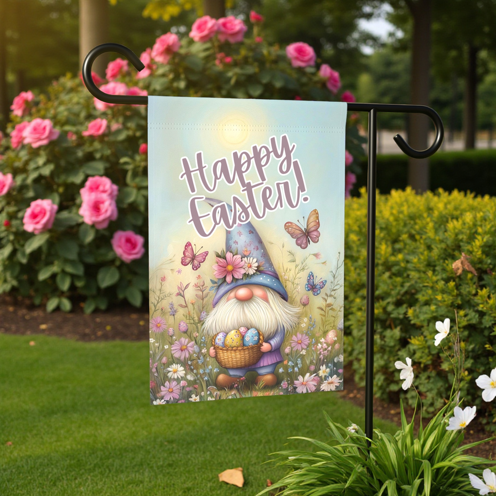 Easter Egg Gnome Garden Flag - front view - Dragonfire Gardens