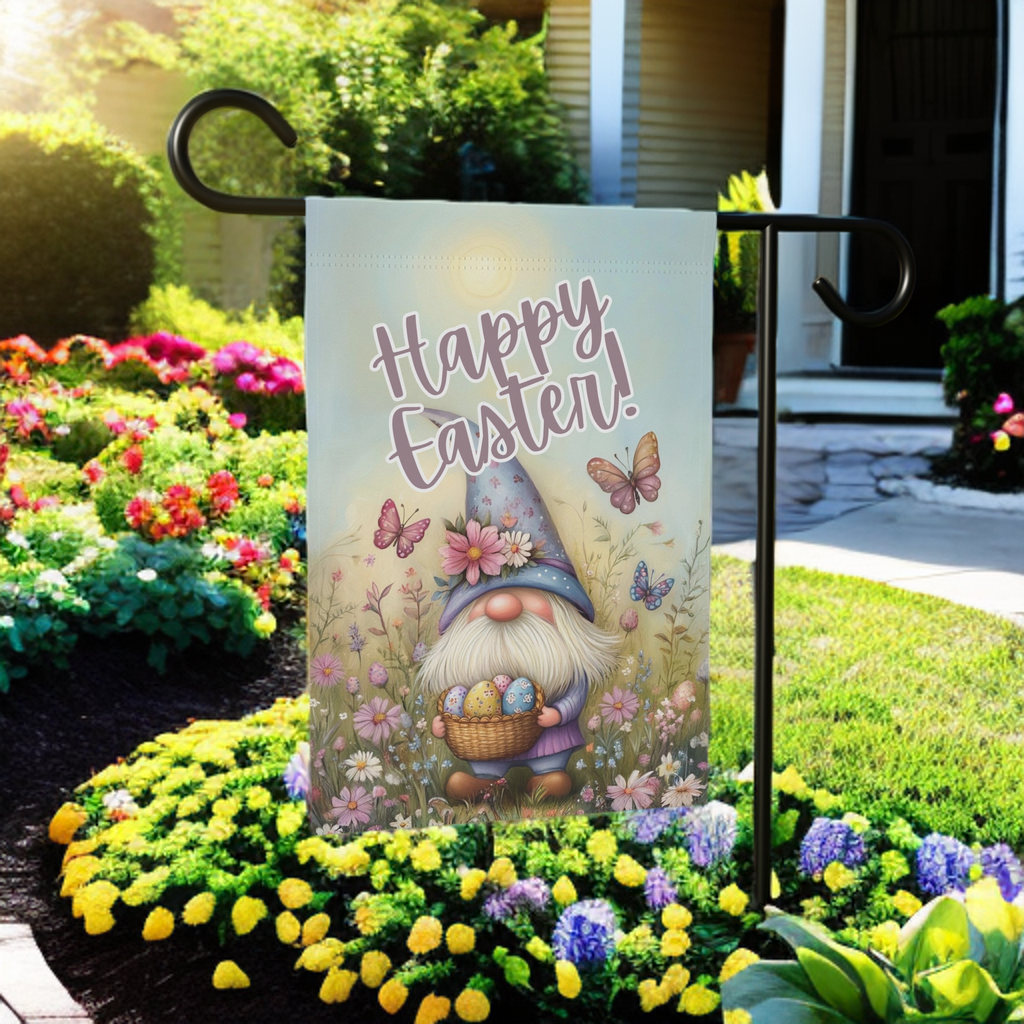 Easter Egg Gnome Garden Flag - size comparison - Dragonfire Gardens