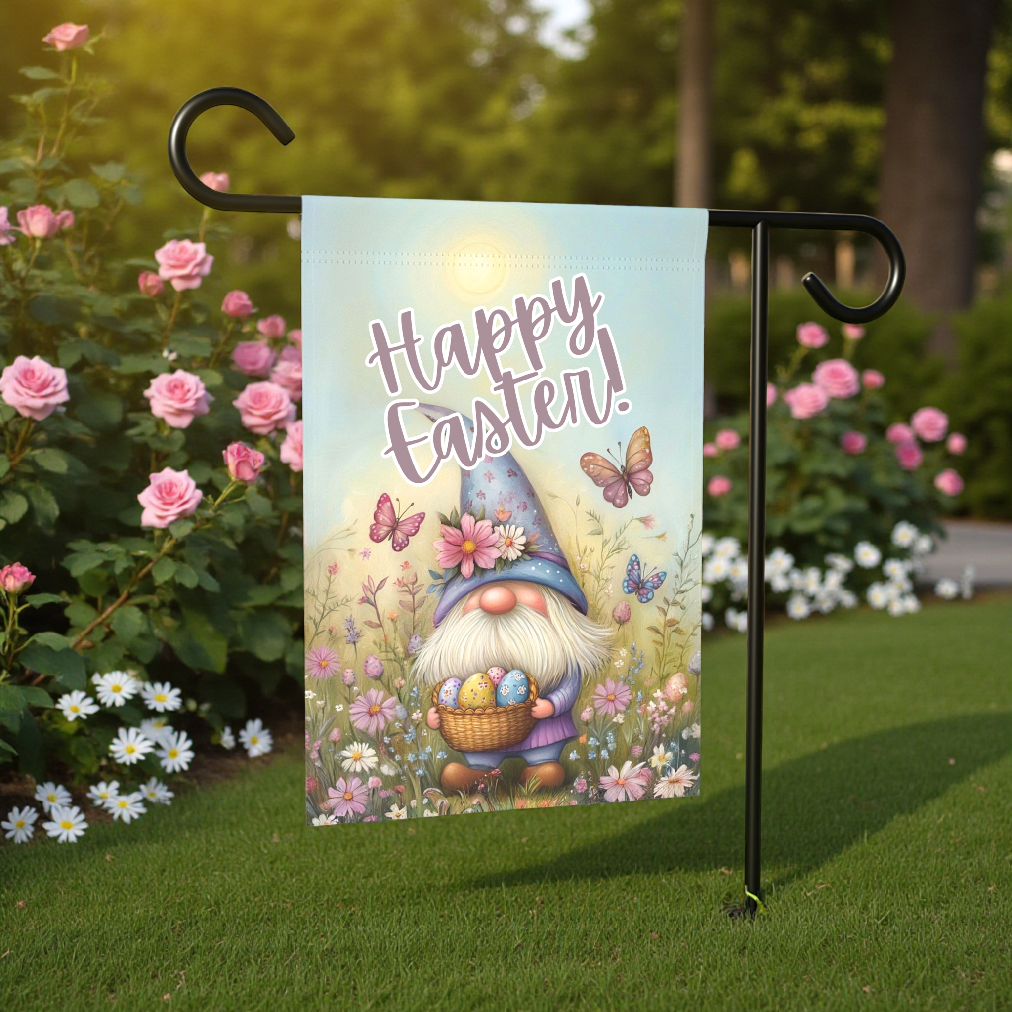 Easter Egg Gnome Garden Flag - lifestyle display - Dragonfire Gardens