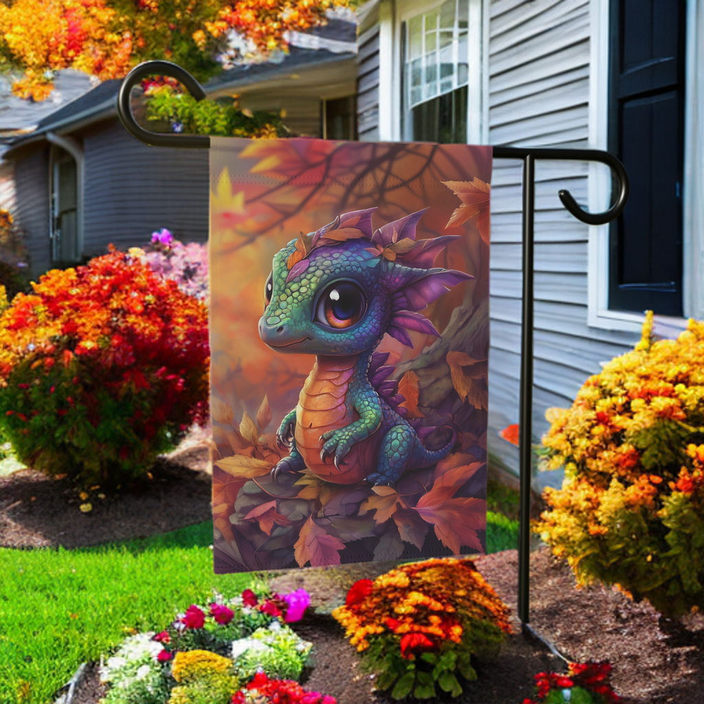 Fall Leaf Baby Dragon Garden Flag - lifestyle display - Dragonfire Gardens