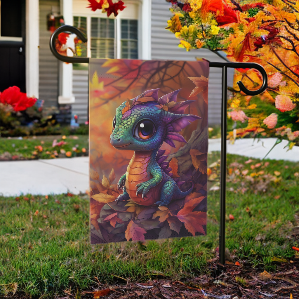 Fall Leaf Baby Dragon Garden Flag - size comparison - Dragonfire Gardens