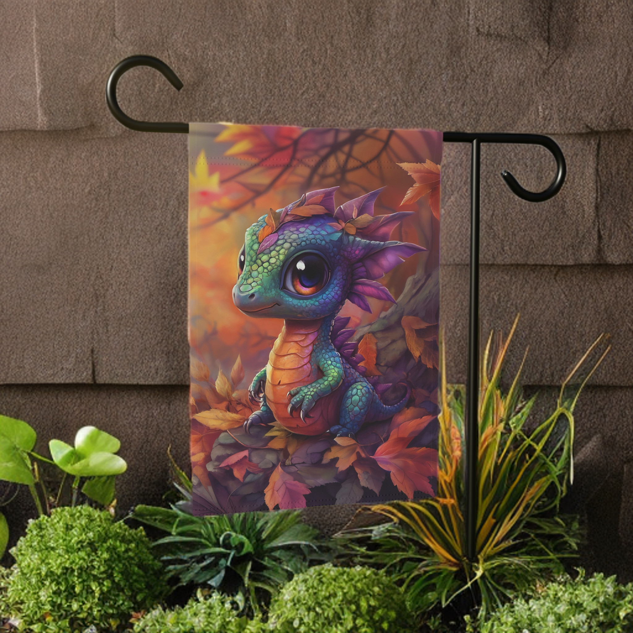 Fall Leaf Baby Dragon Garden Flag - banner view - Dragonfire Gardens