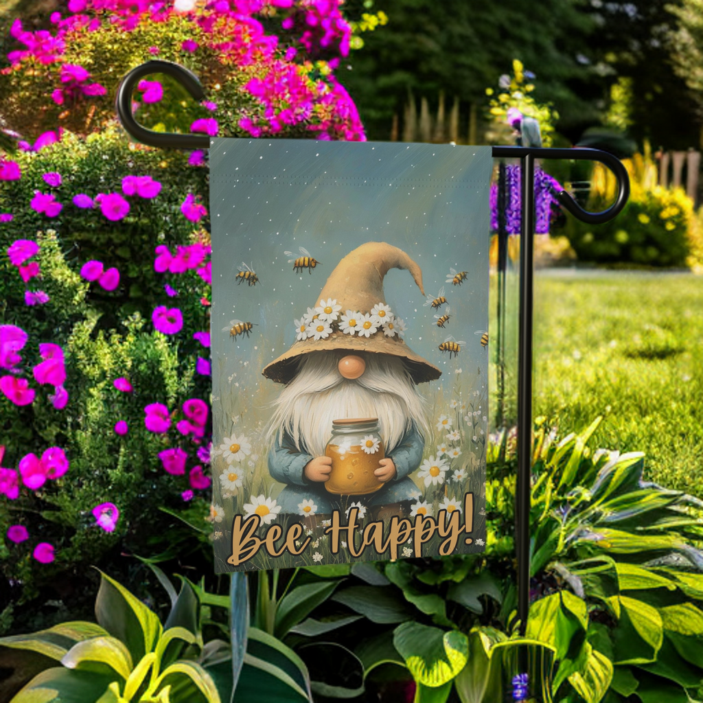 Bee Happy Gnome Garden Flag