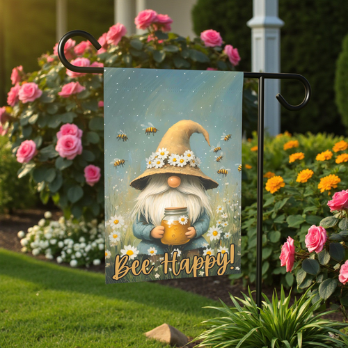 Bee Happy Gnome Garden Flag - front view - Dragonfire Gardens