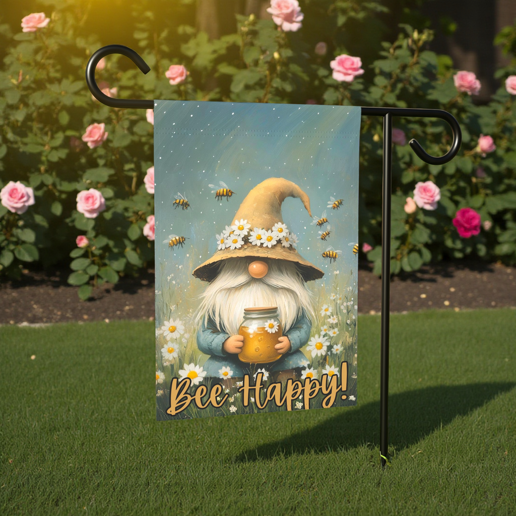 Bee Happy Gnome Garden Flag