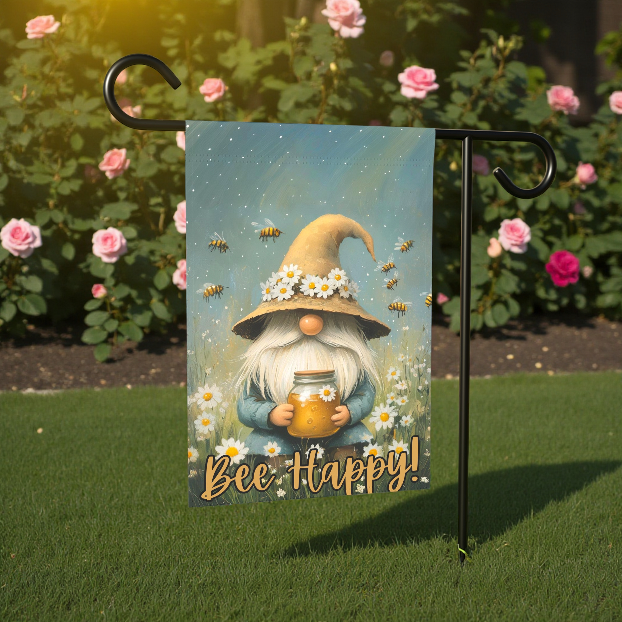 Bee Happy Gnome Garden Flag
