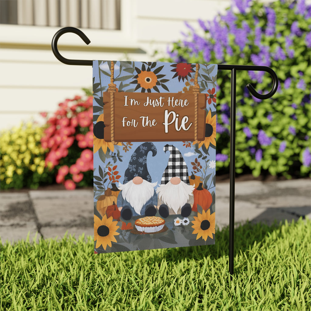 I'm Just Here For the Pie Gnome Garden Flag - outdoor display - Dragonfire Gardens