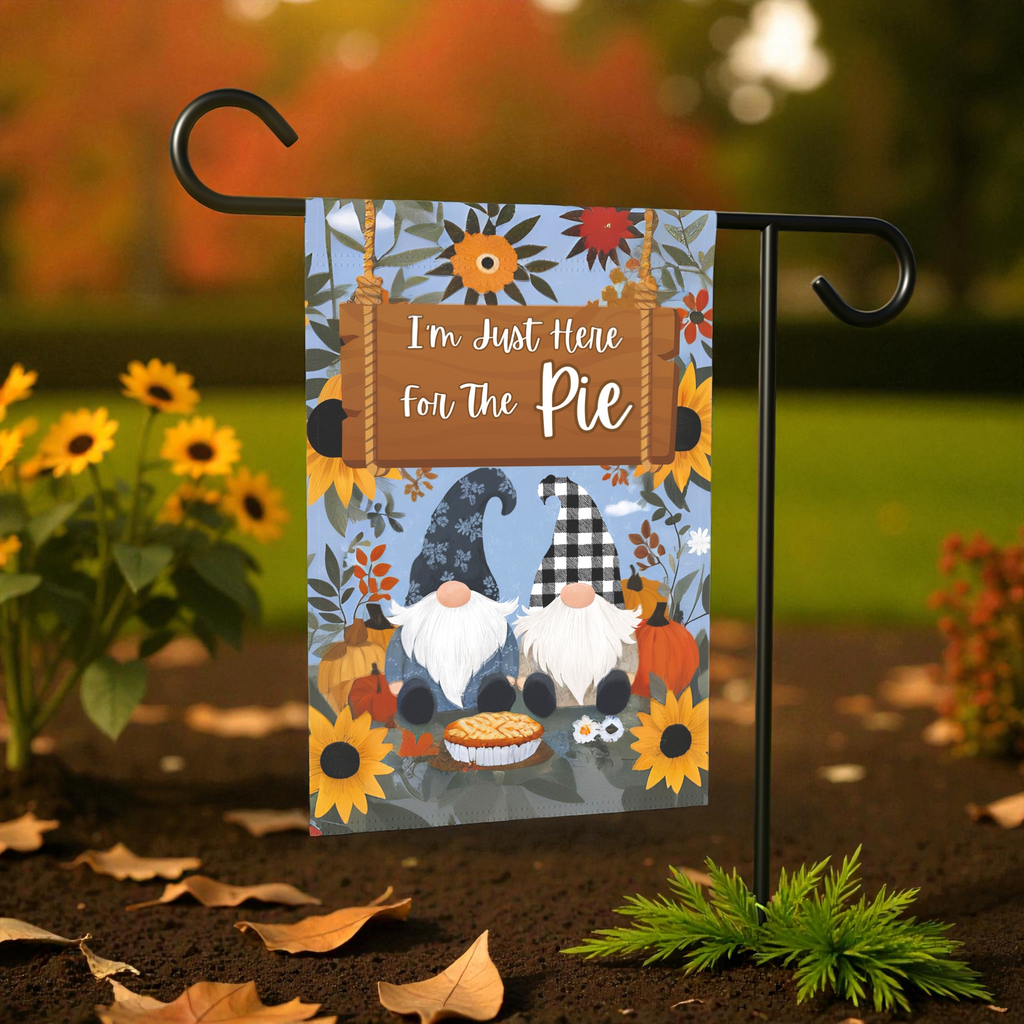 I'm Just Here For the Pie Gnome Garden Flag - front view - Dragonfire Gardens