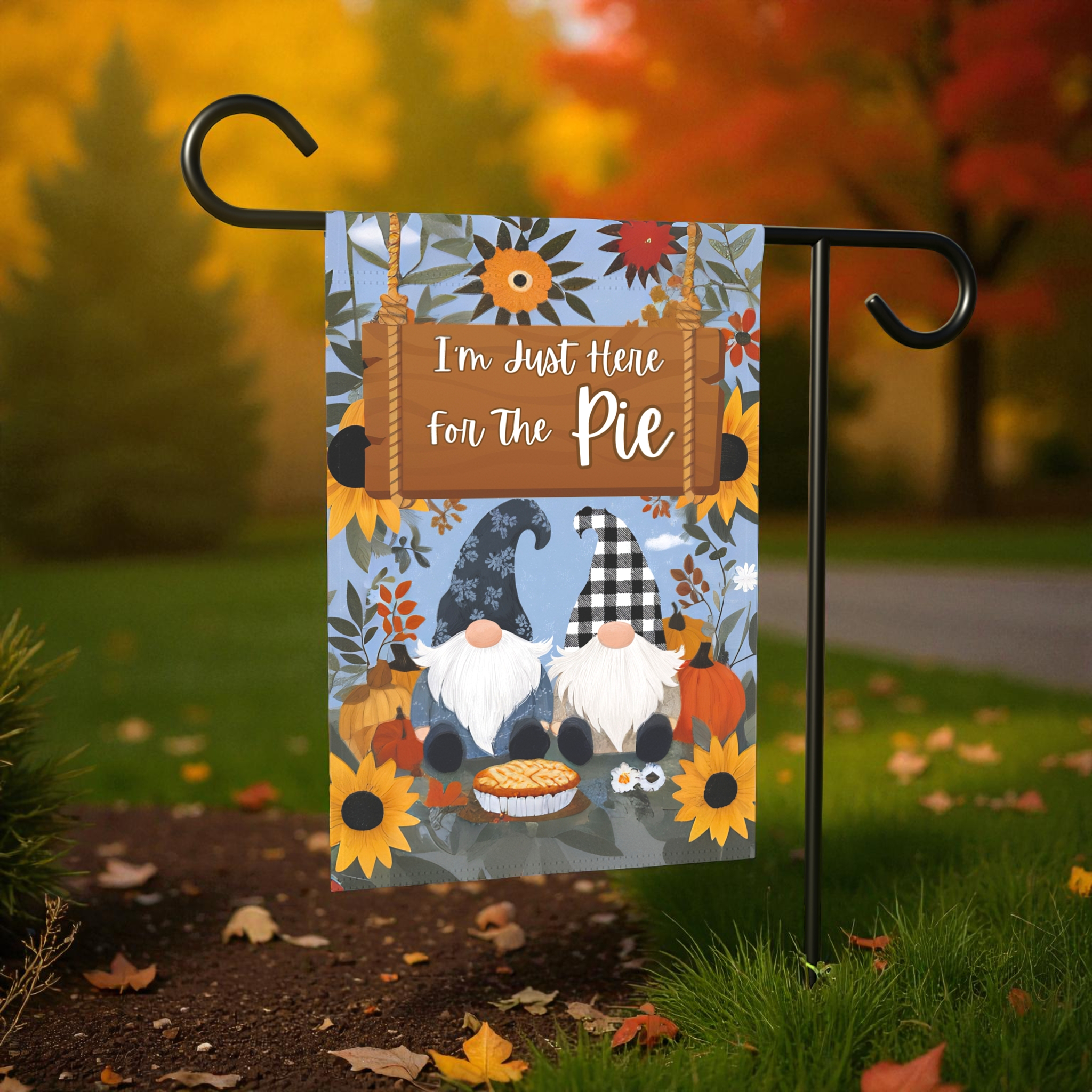 I'm Just Here For the Pie Gnome Garden Flag - product detail - Dragonfire Gardens