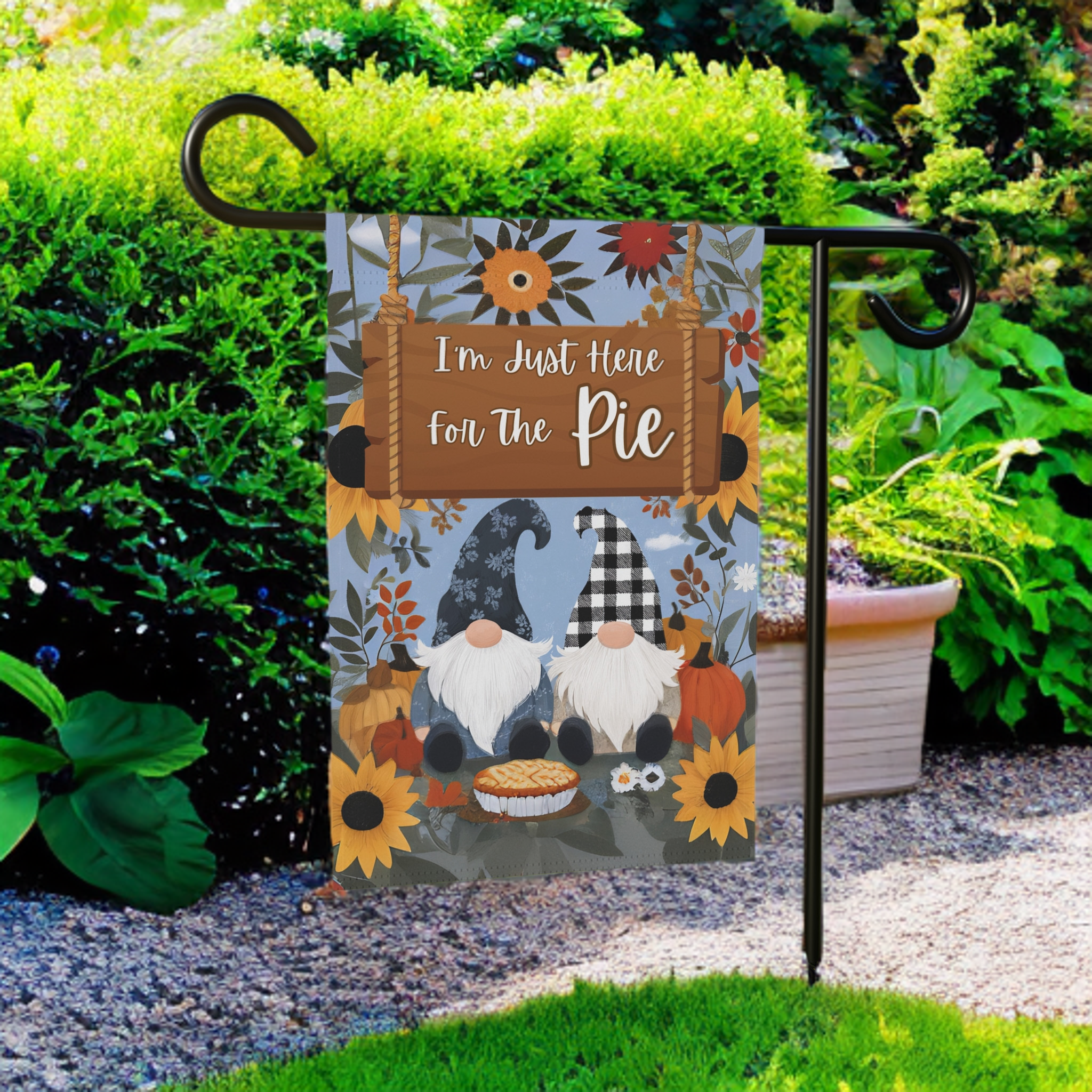 I'm Just Here For the Pie Gnome Garden Flag - lifestyle display - Dragonfire Gardens
