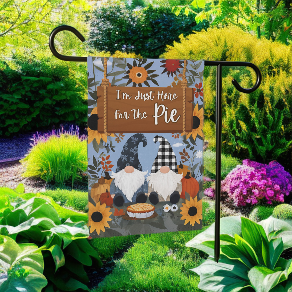 I'm Just Here For the Pie Gnome Garden Flag - size comparison - Dragonfire Gardens