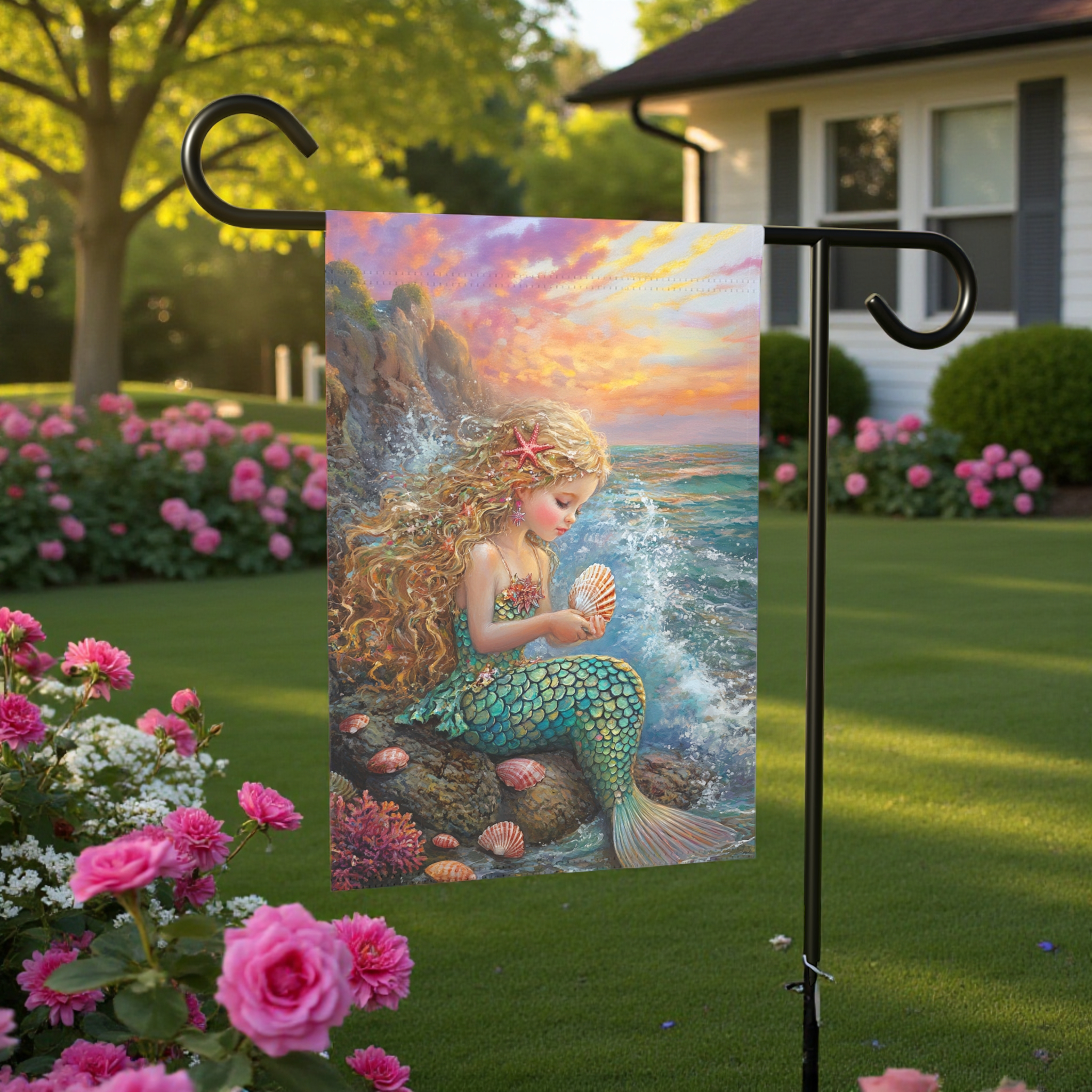 Little Mermaid Garden Flag - lifestyle display - Dragonfire Gardens
