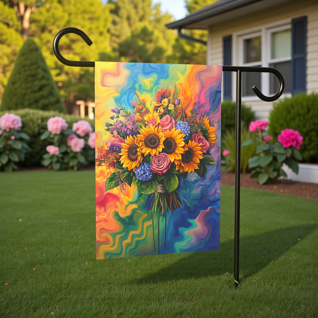 Vibrant Abstract Sunflower Garden Flag - size comparison - Dragonfire Gardens