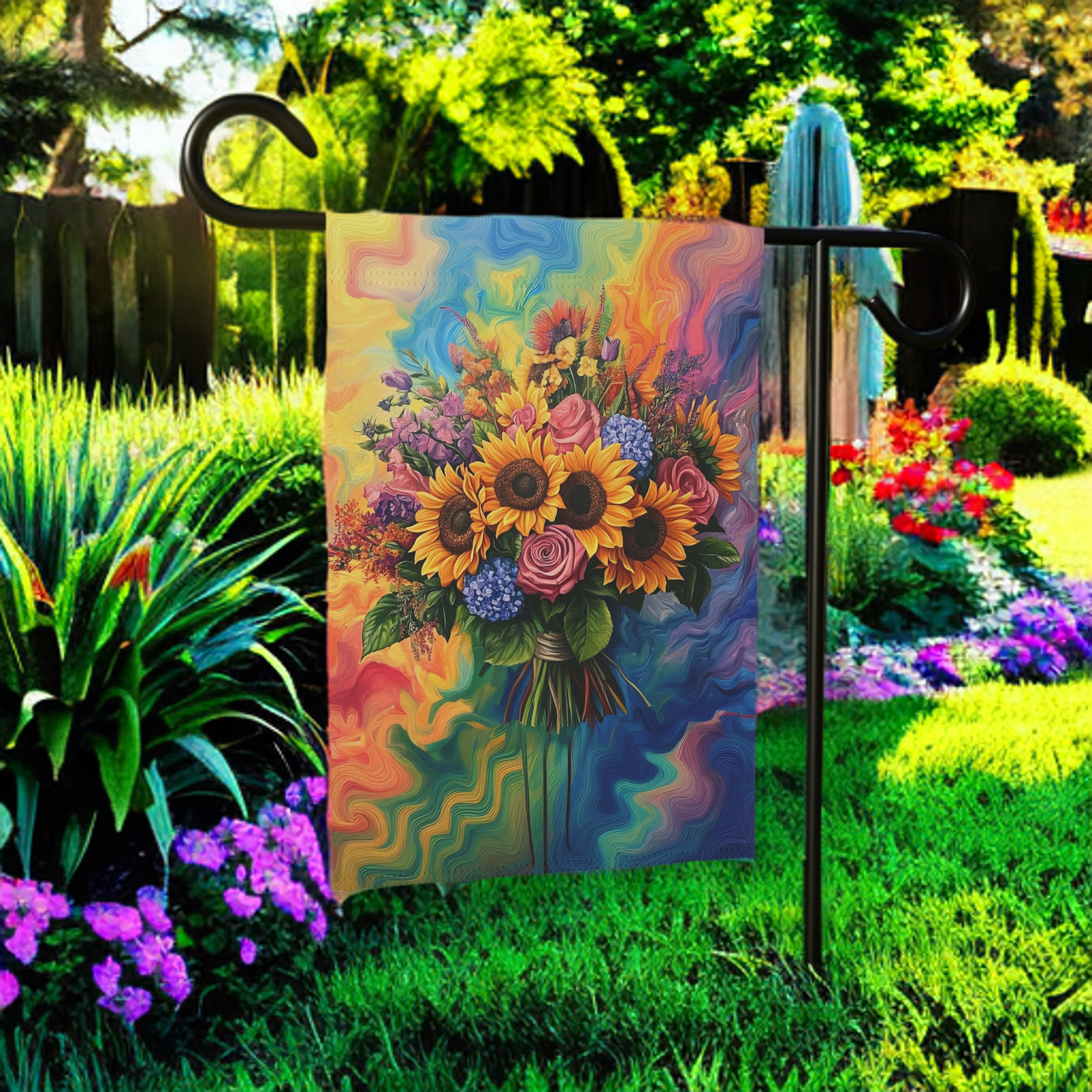 Vibrant Abstract Sunflower Garden Flag - lifestyle display - Dragonfire Gardens