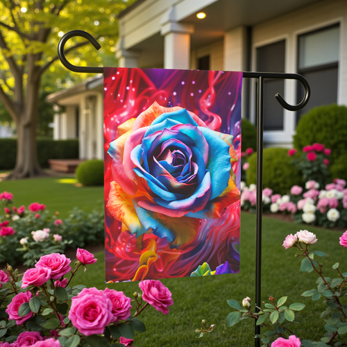 Abstract Blue Rose Garden Flag - outdoor display - Dragonfire Gardens