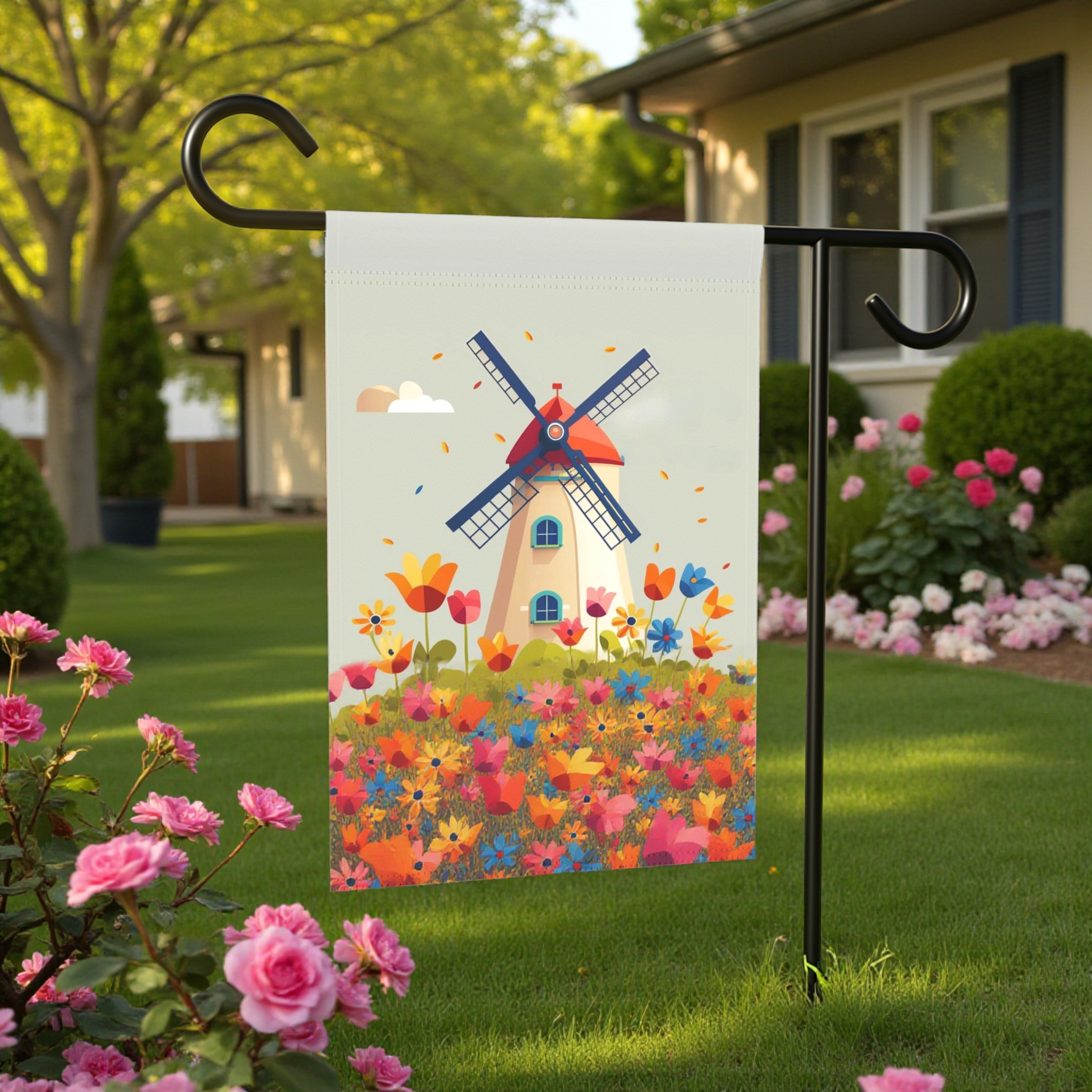 Windmill and Flowers Garden Flag