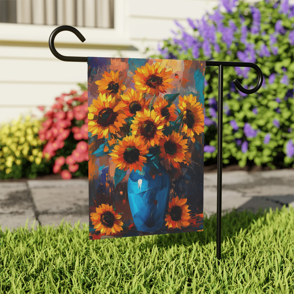 Blue Vase Sunflower Garden Flag - outdoor display - Dragonfire Gardens