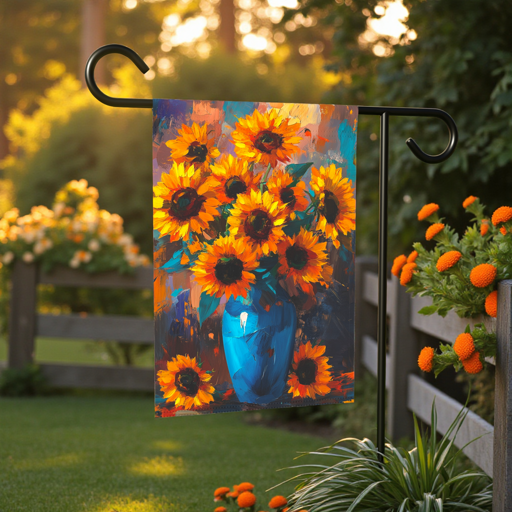 Blue Vase Sunflower Garden Flag - size comparison - Dragonfire Gardens