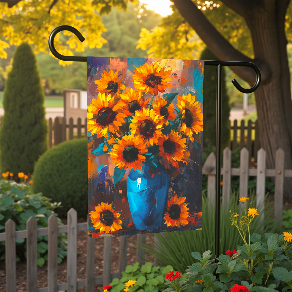 Blue Vase Sunflower Garden Flag - front view - Dragonfire Gardens