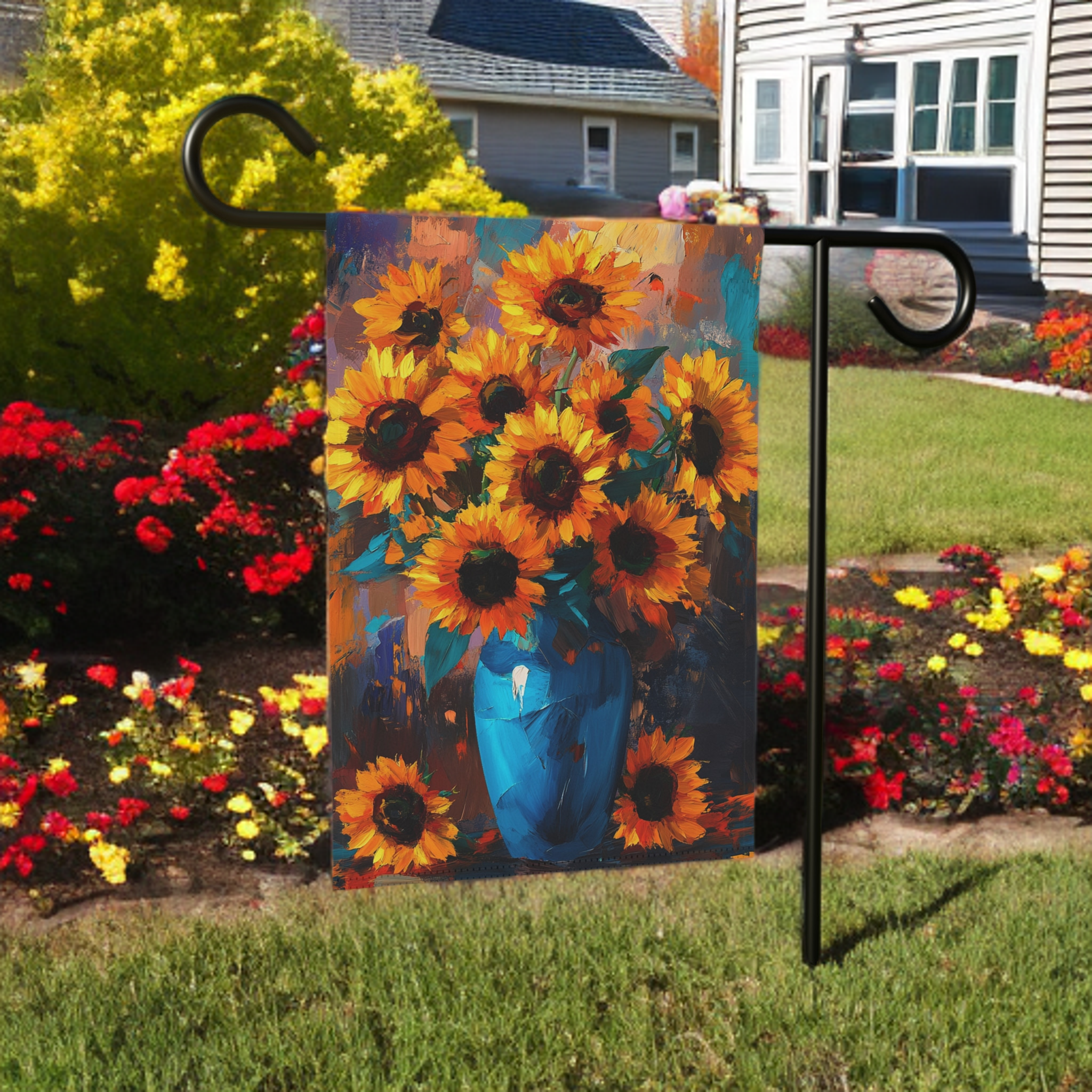 Blue Vase Sunflower Garden Flag - lifestyle display - Dragonfire Gardens