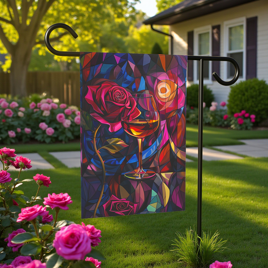 Abstract Wine and Rose Garden Flag - front view - Dragonfire Gardens