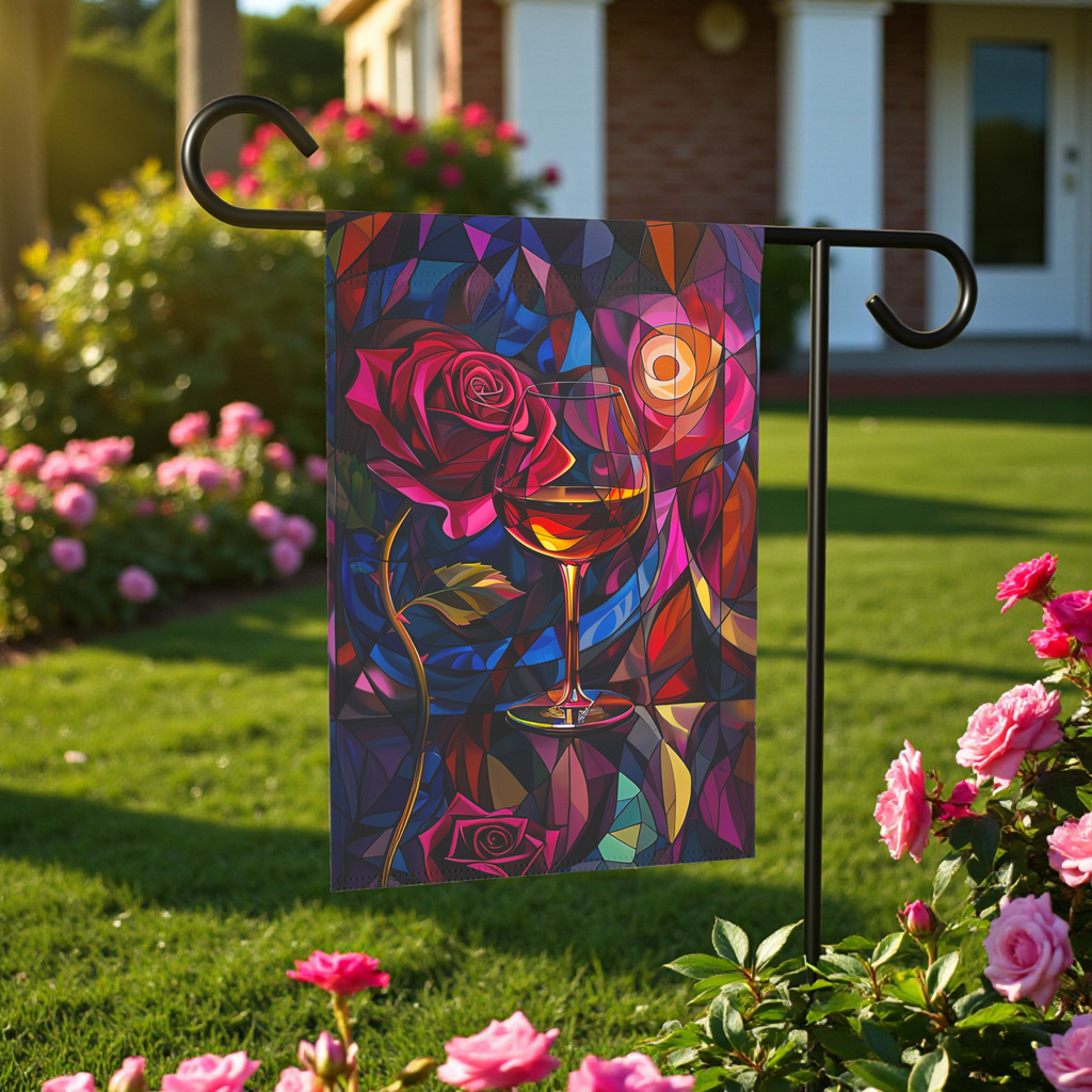 Abstract Wine and Rose Garden Flag - lifestyle display - Dragonfire Gardens