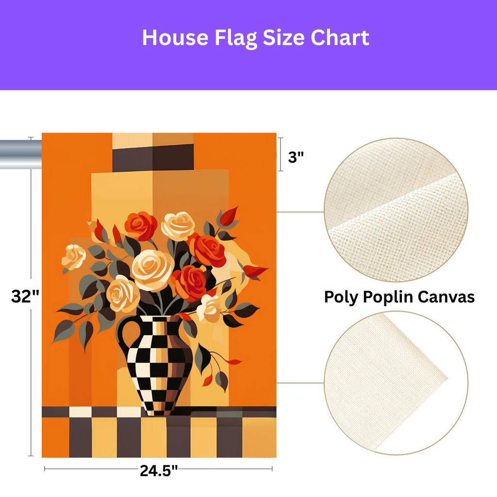 Checkered Vase Abstract Roses Garden Flag - size comparison - Dragonfire Gardens