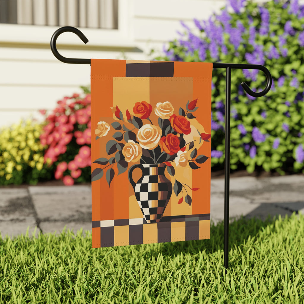 Checkered Vase Abstract Roses Garden Flag - close-up detail - Dragonfire Gardens