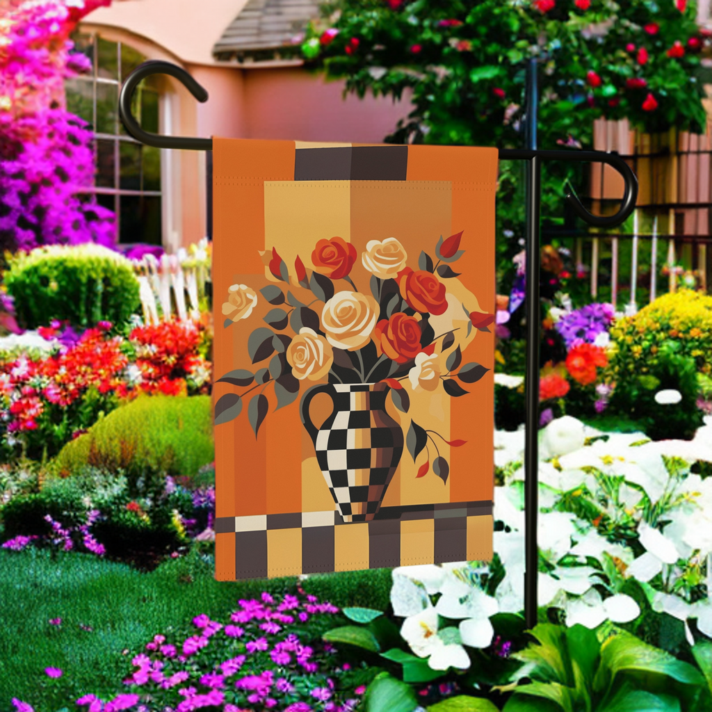 Checkered Vase Abstract Roses Garden Flag - outdoor display - Dragonfire Gardens