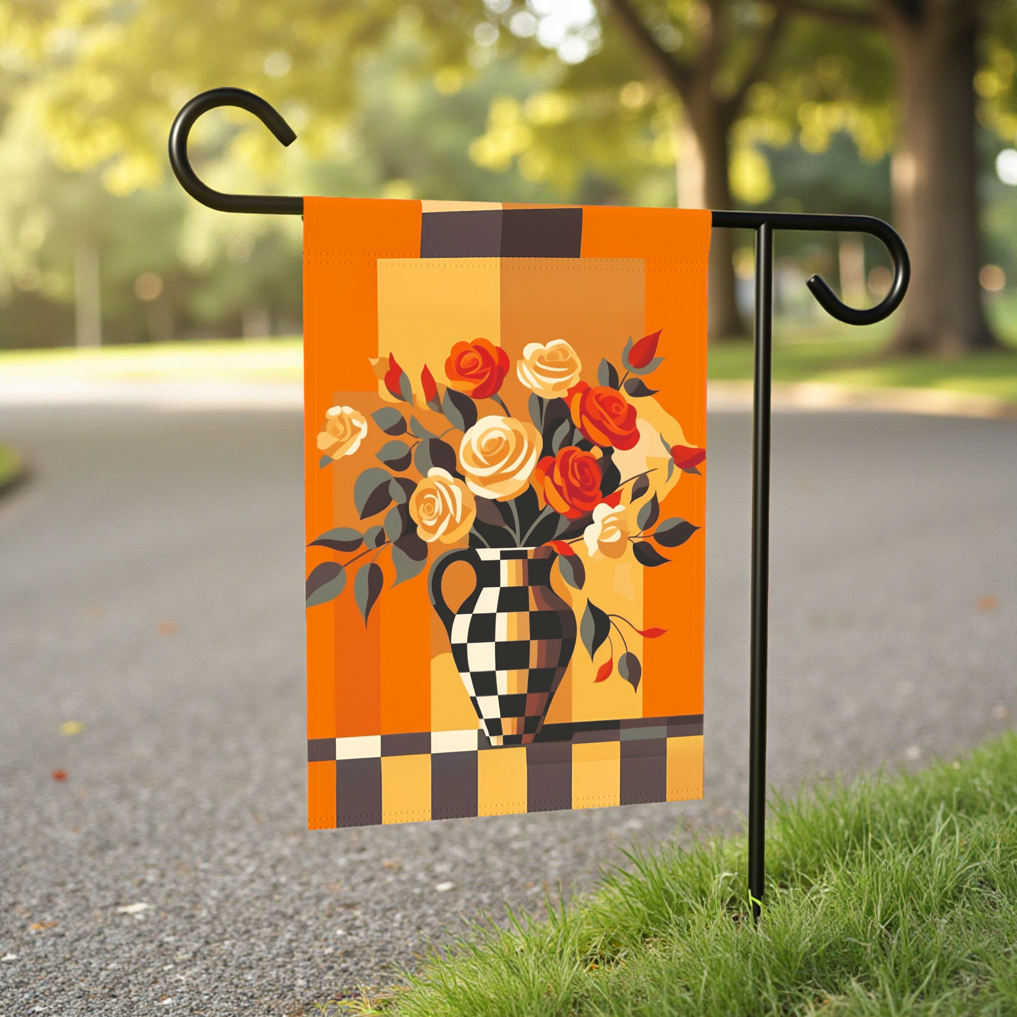 Checkered Vase Abstract Roses Garden Flag - lifestyle display - Dragonfire Gardens