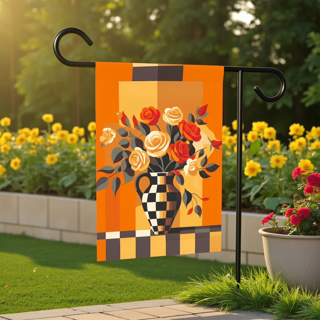 Checkered Vase Abstract Roses Garden Flag - front view - Dragonfire Gardens