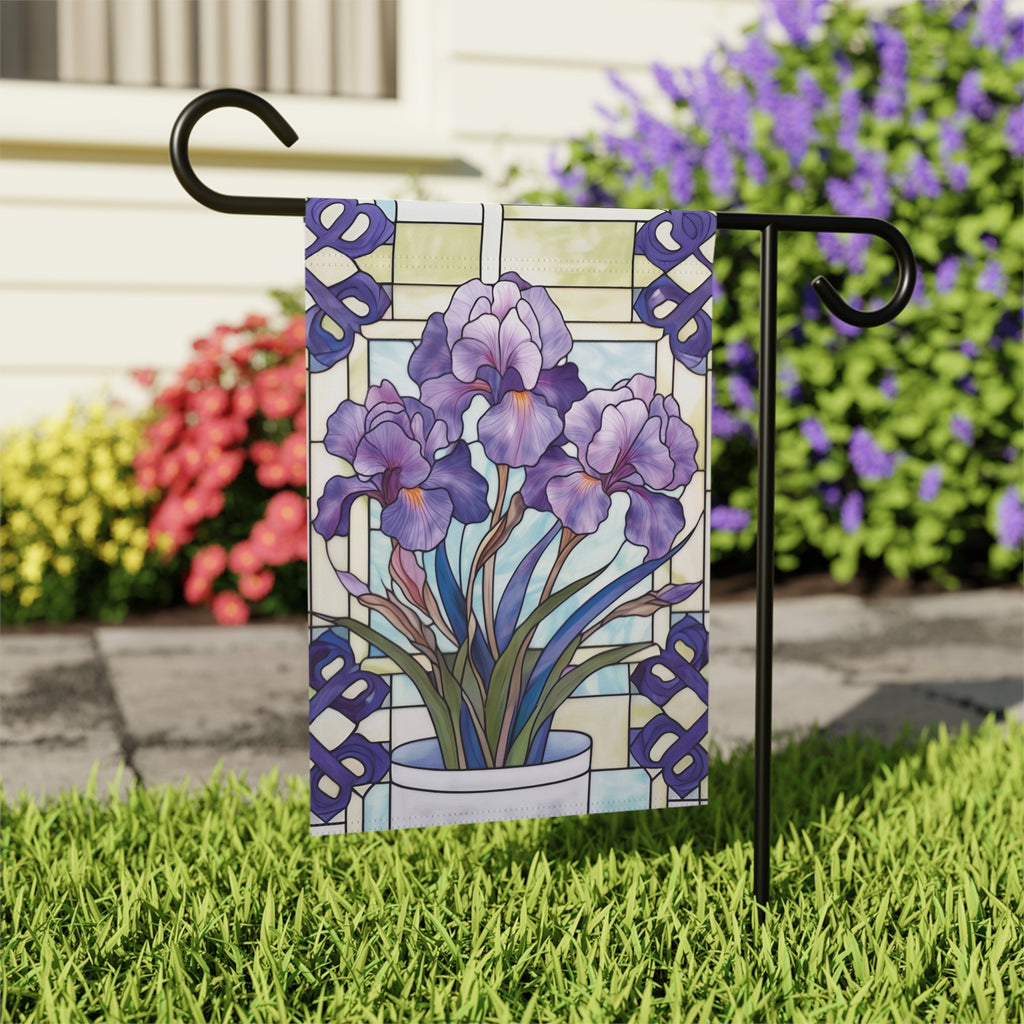 Purple Iris Garden Flag - outdoor display - Dragonfire Gardens