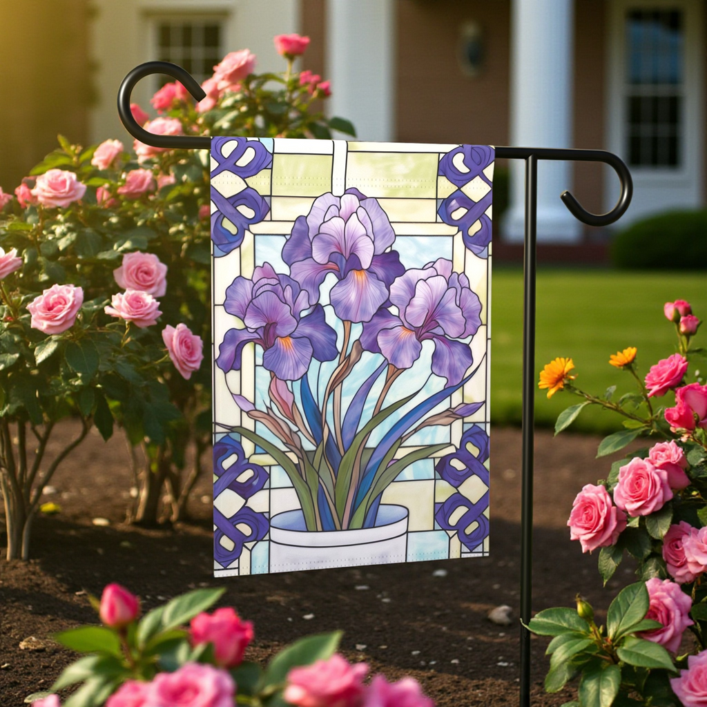 Purple Iris Garden Flag - front view - Dragonfire Gardens
