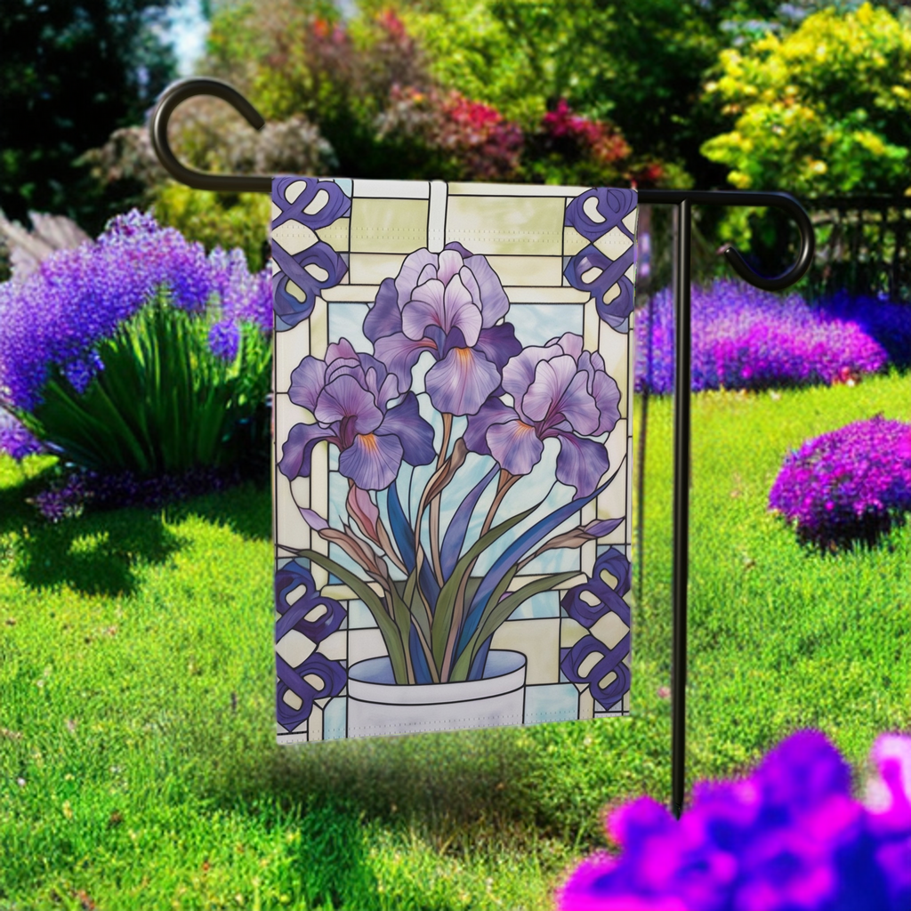 Purple Iris Garden Flag - lifestyle display - Dragonfire Gardens